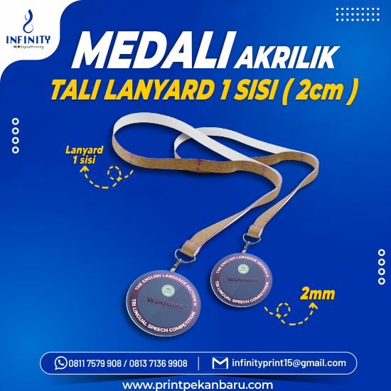 Medali Akrilik 3 mm + Tali Lanyard 2 cm 1 Sisi